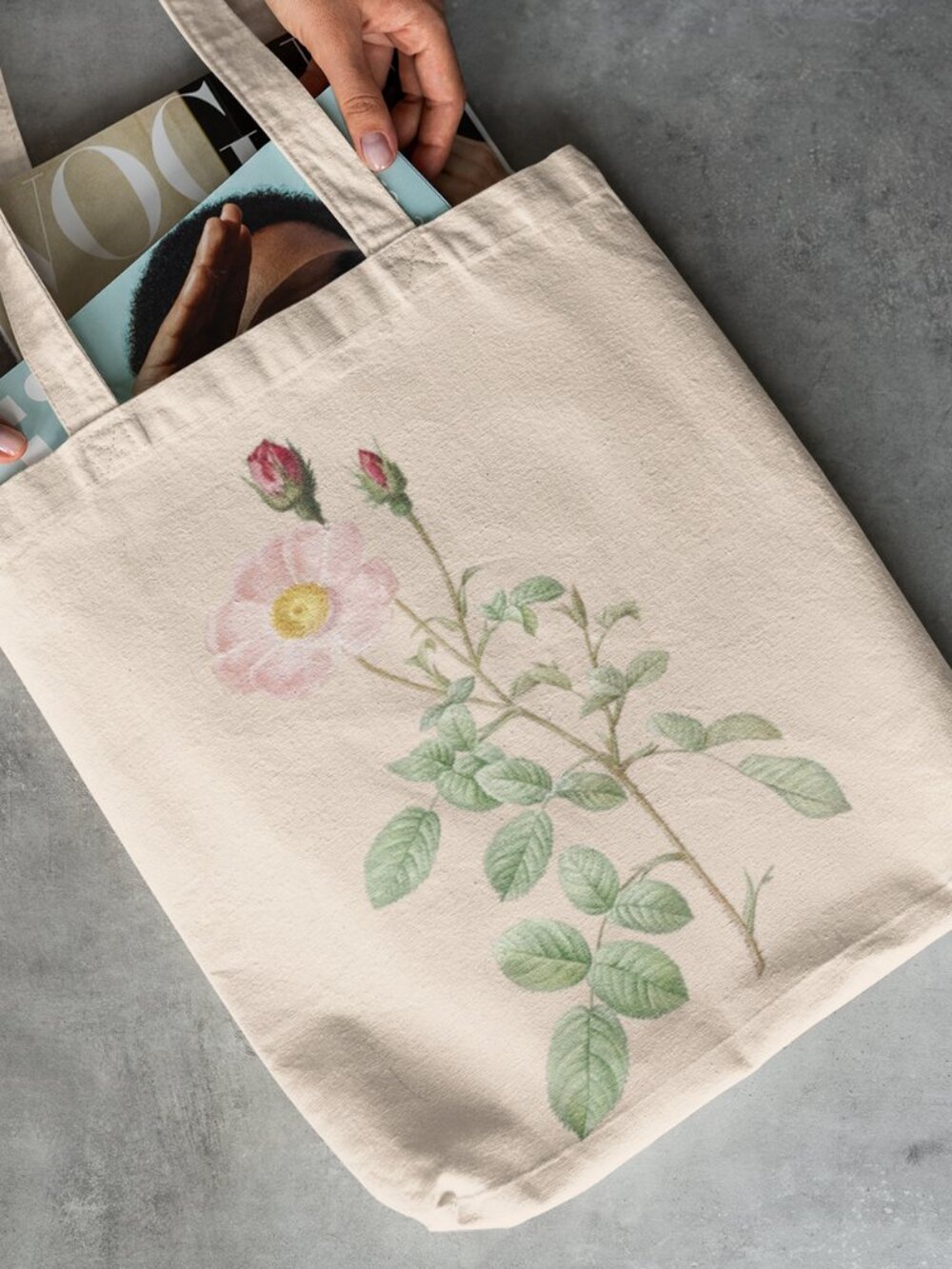 Musk Rose Vintage Floral Print Graphic Canvas Tote Bag - Picture 2 of 5